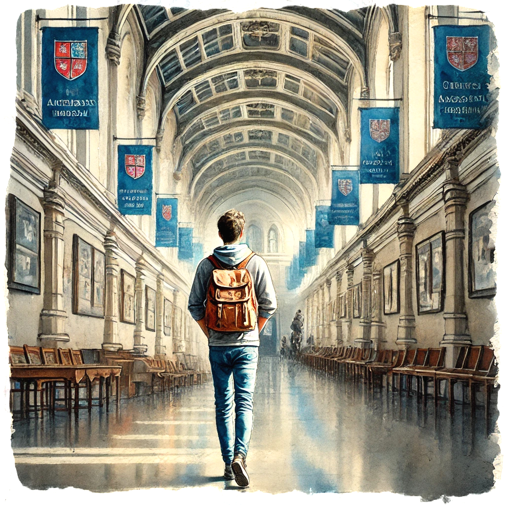 student walking down university corridor