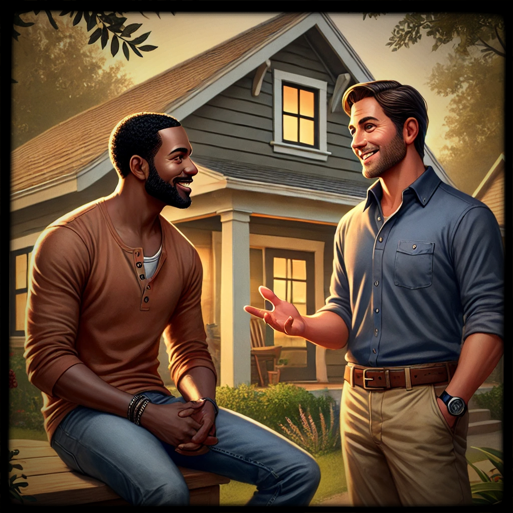 two men chatting in front of a house