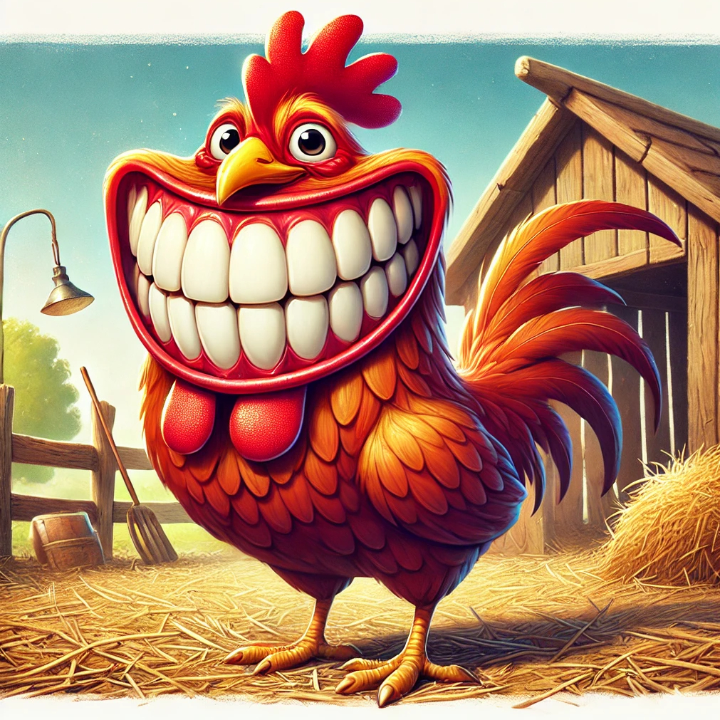 hen with a massive toothy smile