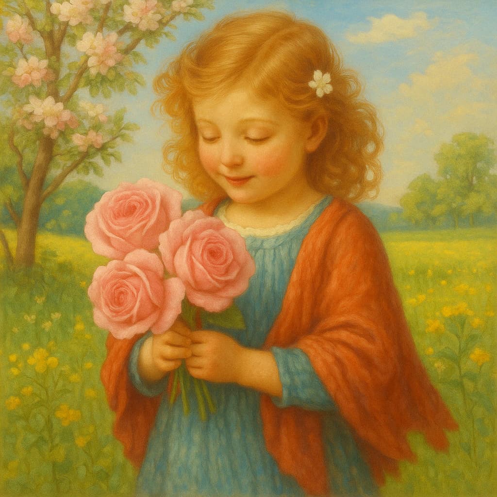 cute girl holding pink roses in a meadow