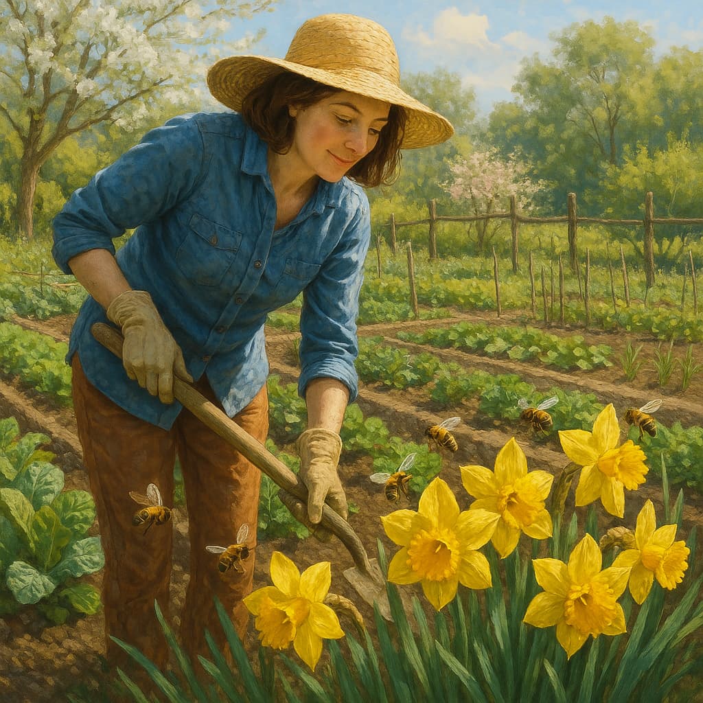 woman gardening and looking at bees