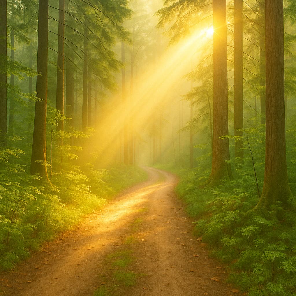 green woods with ray of sunshine