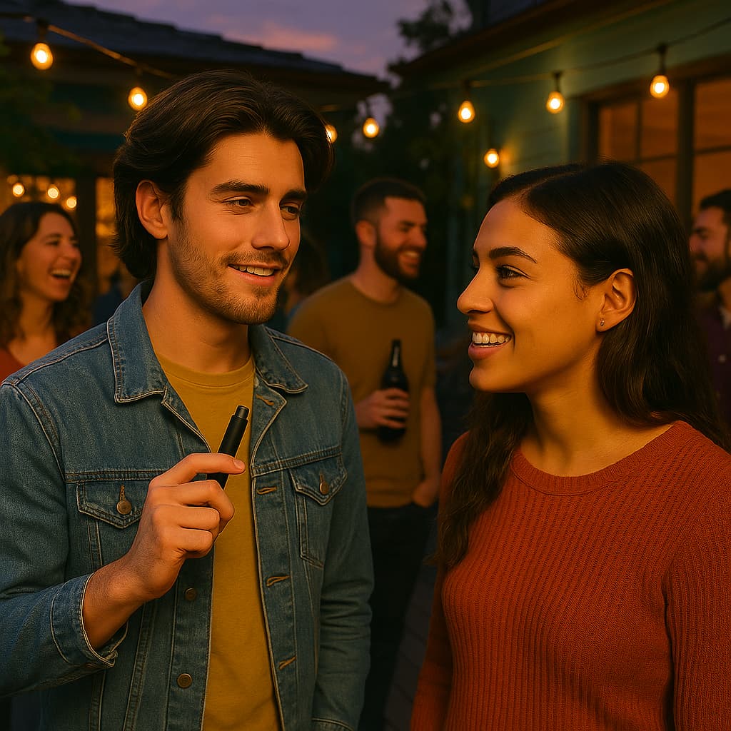 man and woman chatting at a party