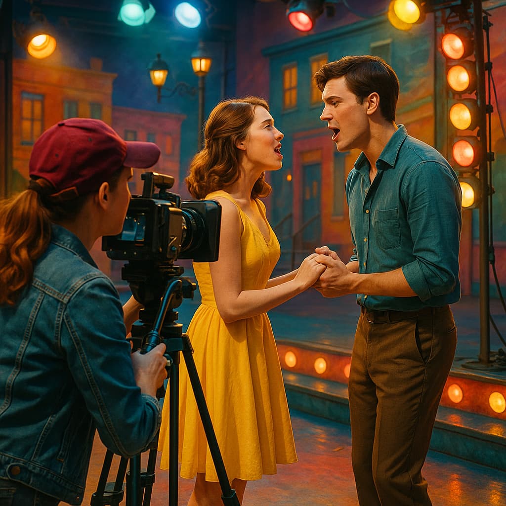woman director filming two singing actor on a musical movie set