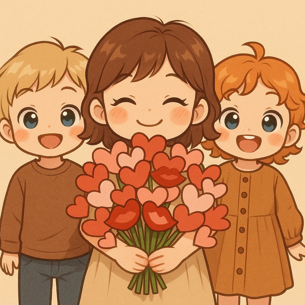 three children with a bouquet if hearts and kisses