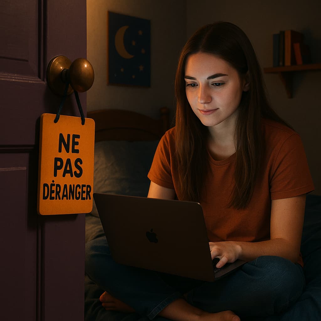 teenage girl watching her laptop in her room