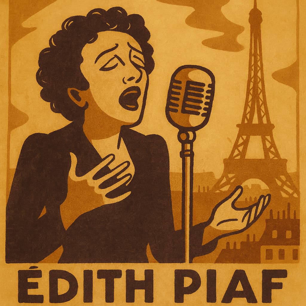 drawing of edith piaf singing with the eiffel tower in the background