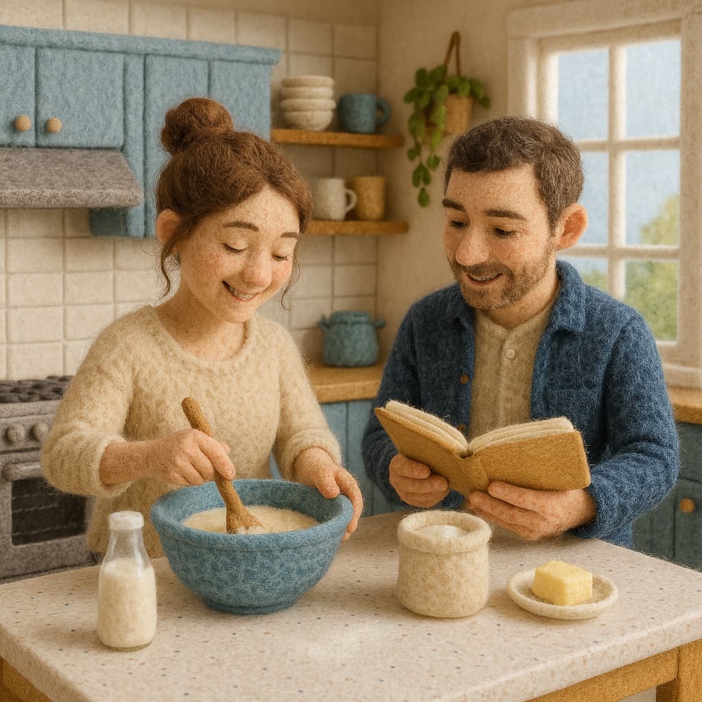 a couple baking in their kitchen