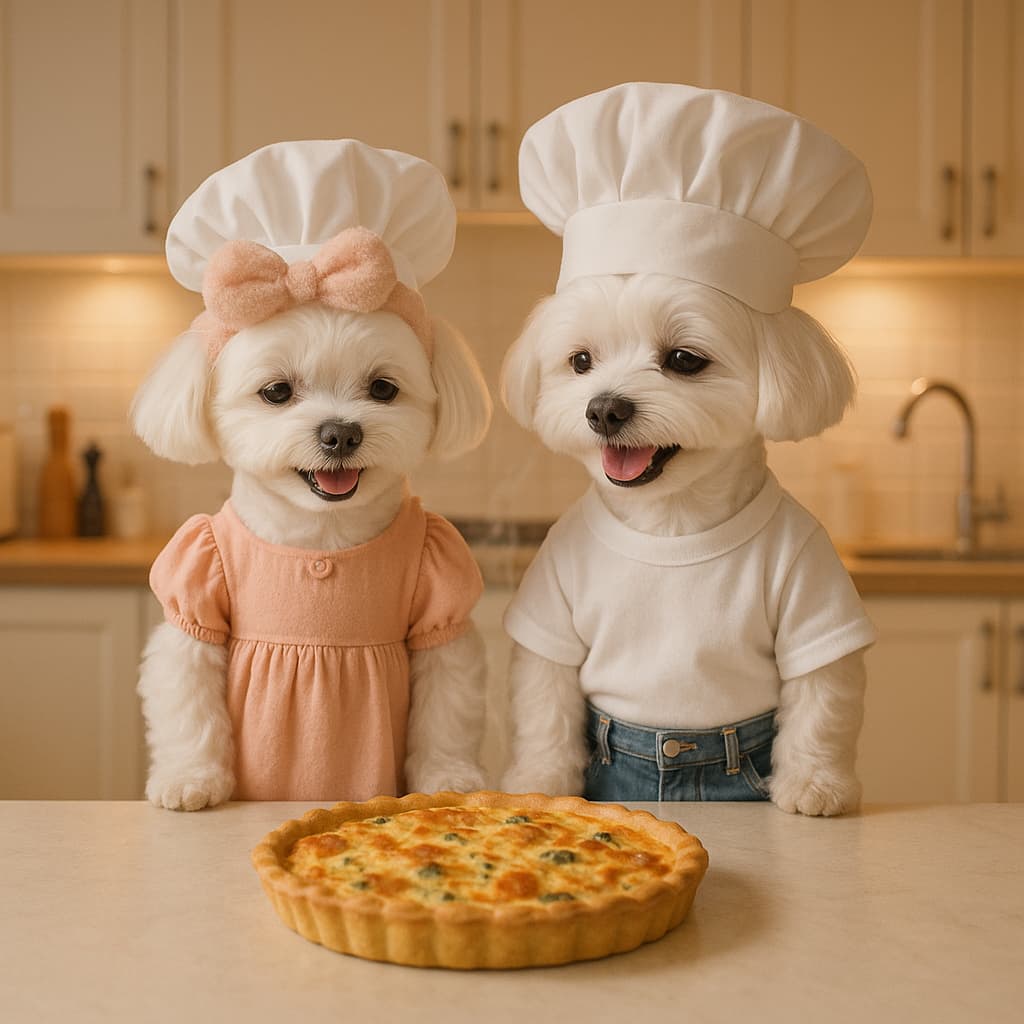 two cute dogs with a quiche