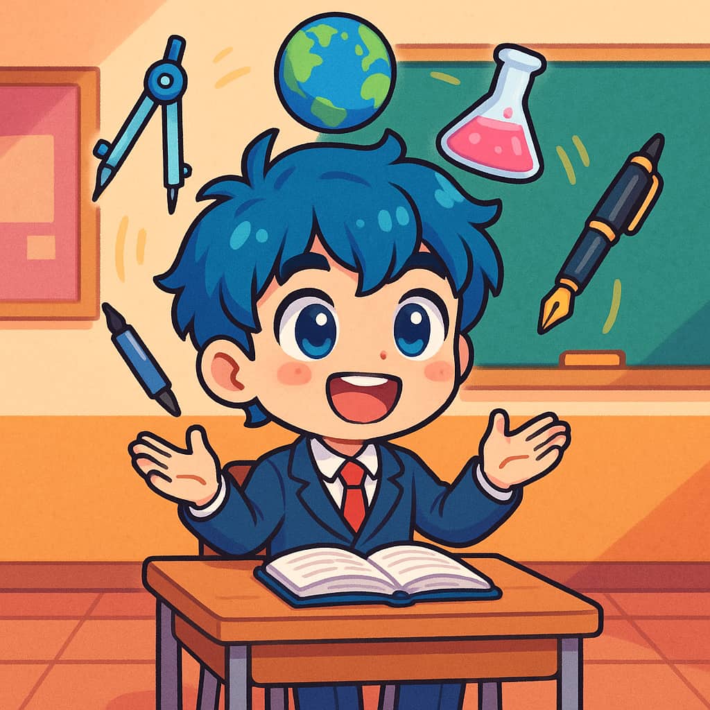 school boy juggling with school objects