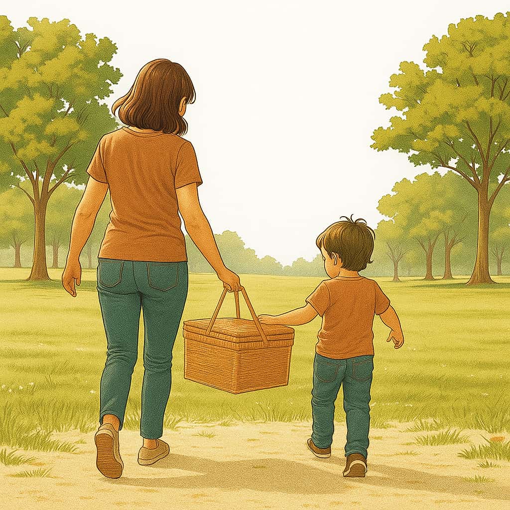 mother and son with picnic basket in a park