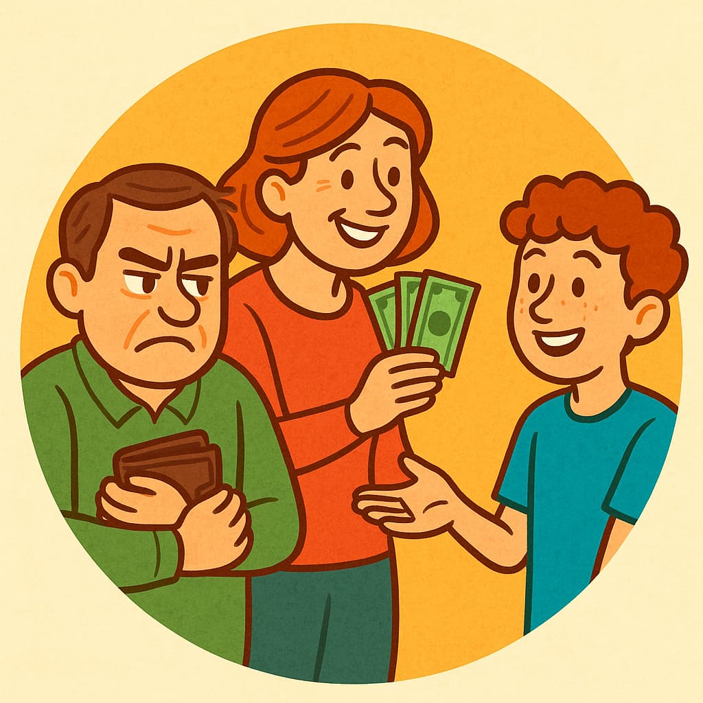 man holding wallet tight and woman giving money to a teenage boy