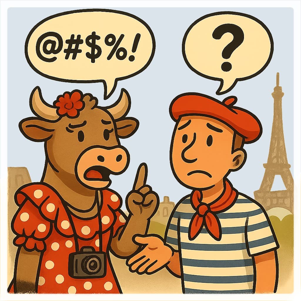 a cow in a flamenco dress talking to a French man who looks puzzled