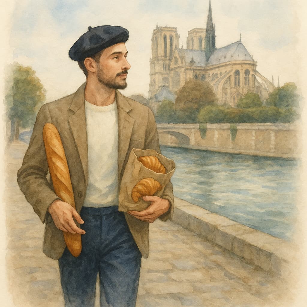 a man in a beret with a baguette and croissants walking along the Seine across Notre-Dame cathedral