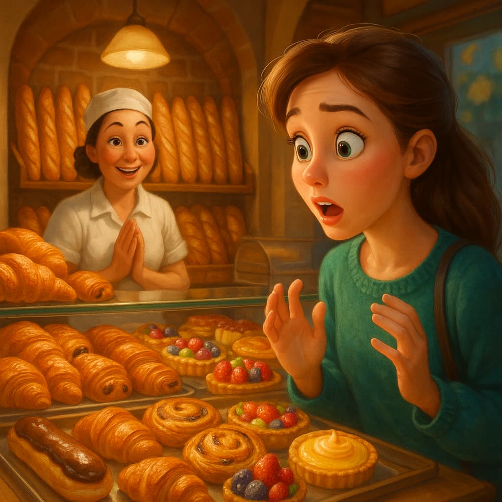 happy girl looking at pastries in a bakery