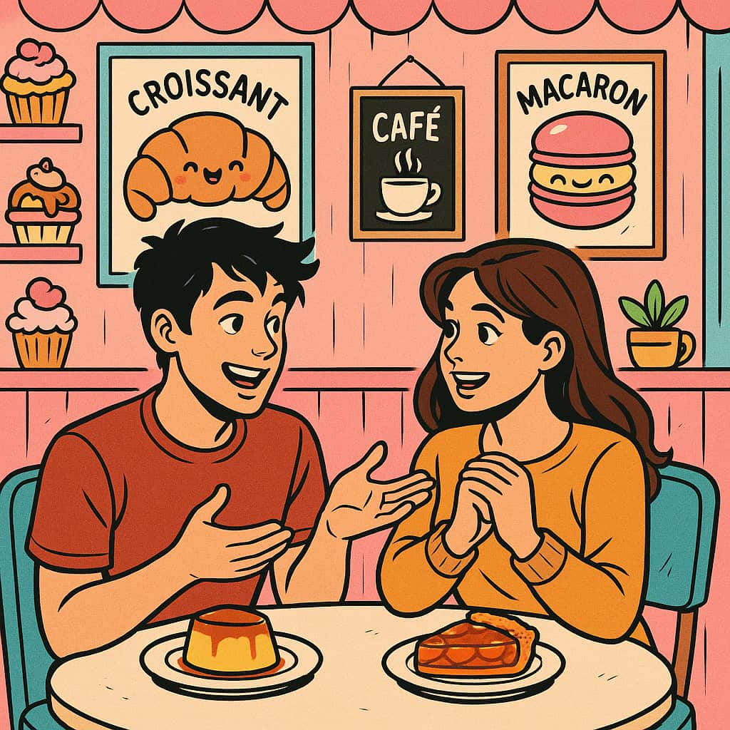 two friends chatting in a French pastry-theme cafe