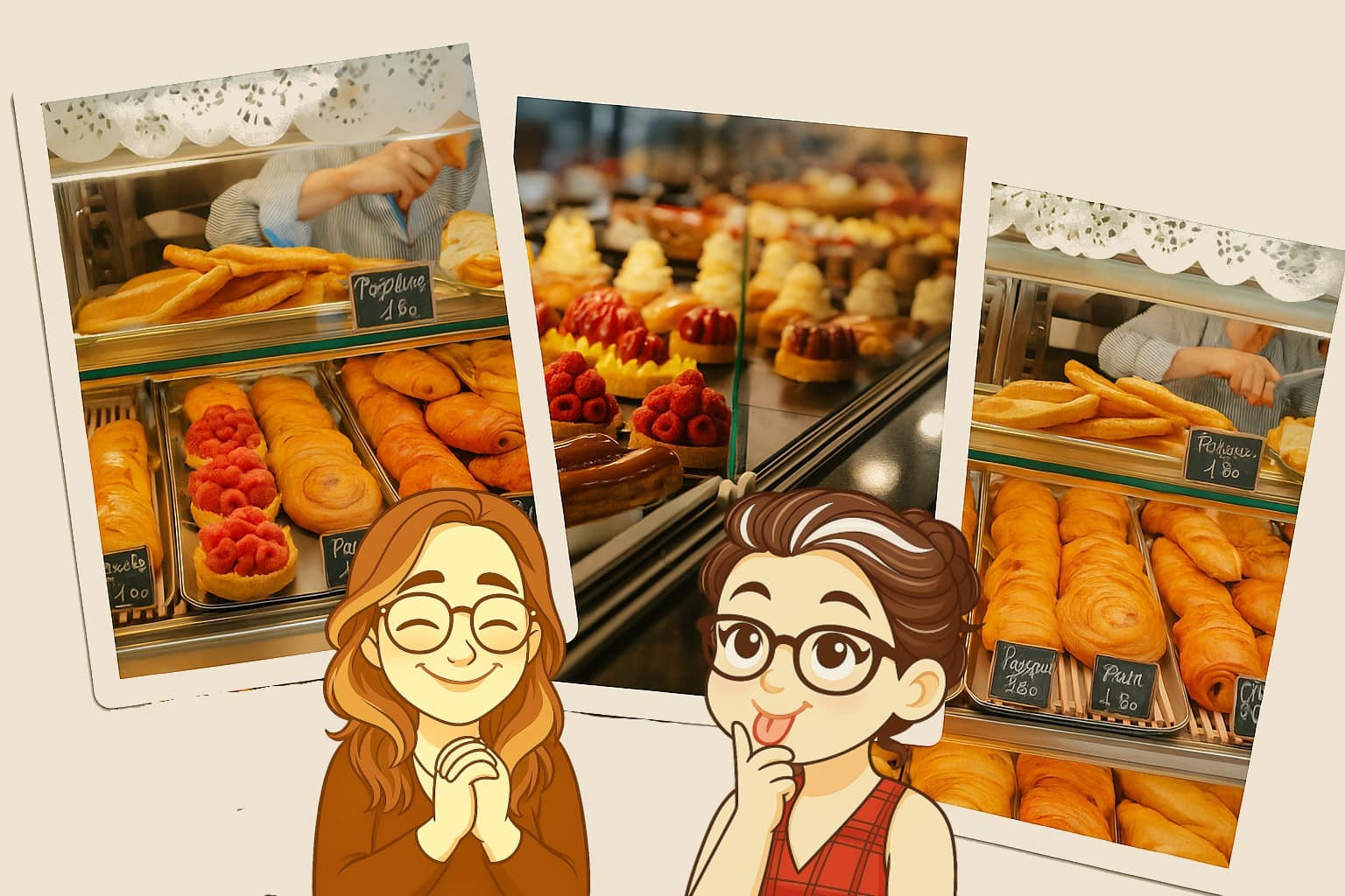aurelie and celine looking at pictures of French bakeries