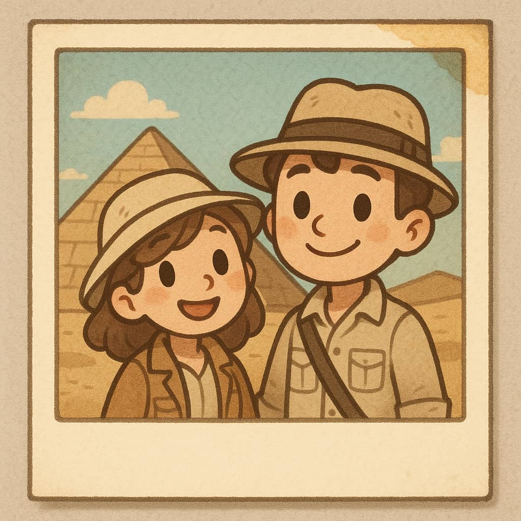 couple of adventurers in front of a pyramid on a sepia polaroid