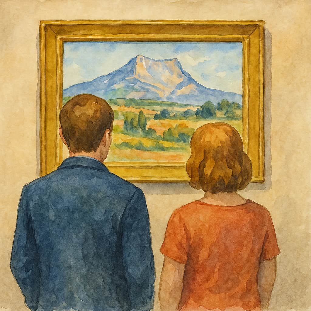 two people admiring Cezanne's painting la montagne sainte-victoire
