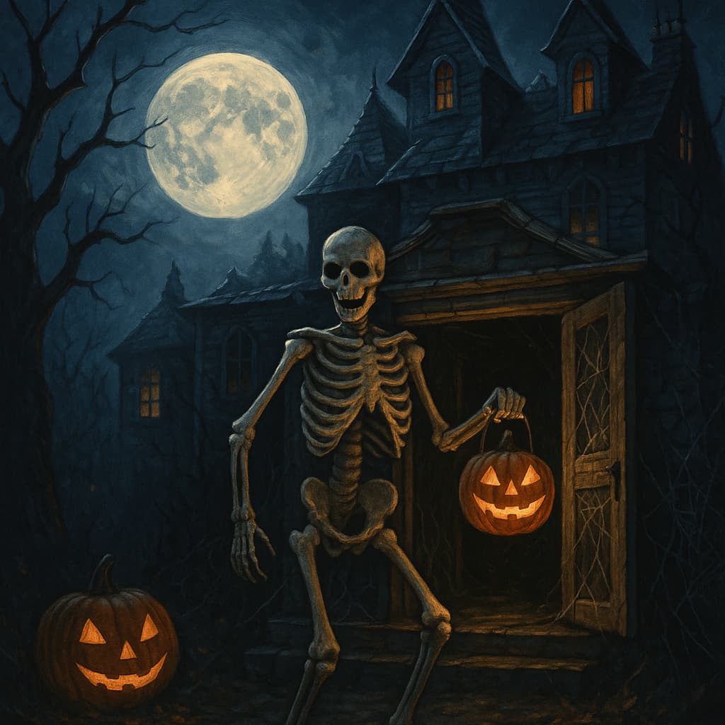 a skeleton holding a jackolantern in front of a haunted mansion
