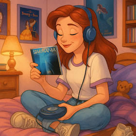 teenage girl on her bed listening to Starmania album on her discman