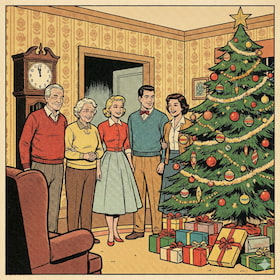 a family near the xmas tree and presents