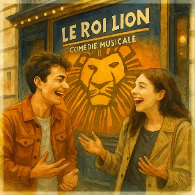 two friends laughing in front of a theatre playing le roi lion musical