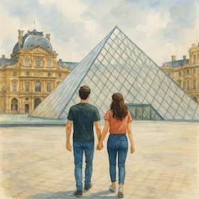 two friends heading towards the Louvre pyramid