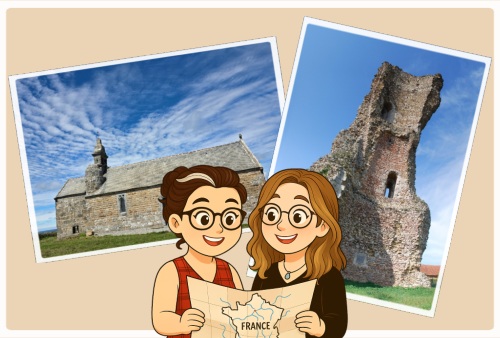 aurelie and celine looking at a map with St Herve chapel and Gallardon's tower behind them