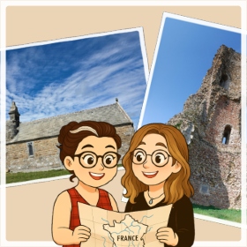 aurelie and celine looking at a map with St Herve chapel and Gallardon's tower behind them