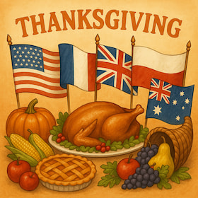 thanksgiving's food with different countries' flags