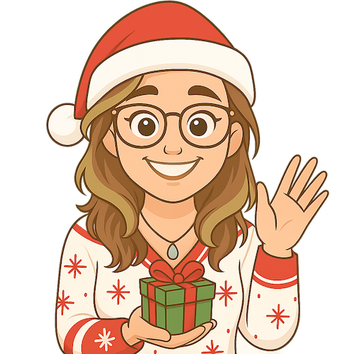celine avatar with xmas hat and jumper and a gift