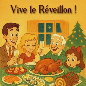 family around xmas table with typical french dishes