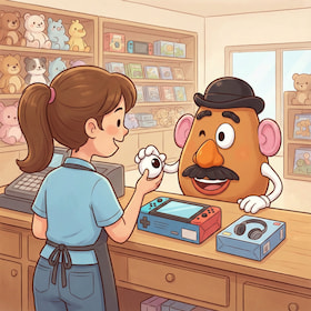 Mister Potato buying toys with one of his eyes