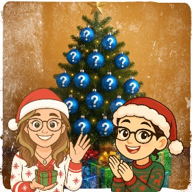 xmas aurelie and celine in front of xmas tree with question baubles