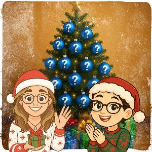 christmas aurelie and celine in front of a xmas tree full of question marks