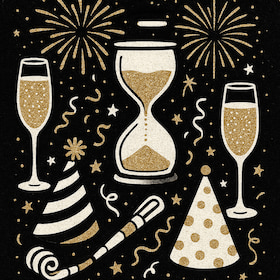 festive elements of New year celebrations in gold and black and white