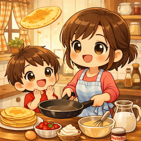 mother and son making crepes together