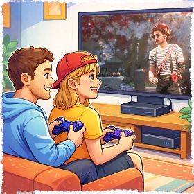 two friends playing video game clair obscur on console