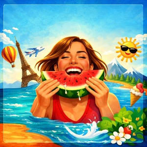 a amiling woman eating juicy watermelon in an idyllic holiday-vibe setting