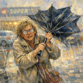 drenched woman in the rain with a turned-over umbrella