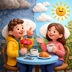 friends chatting at the breakfast table with rain and sun