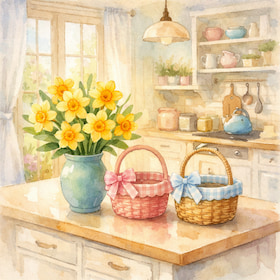 kitchen counter with a vase of daffodils and two cute baskets