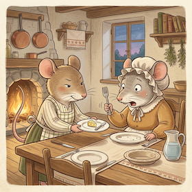 a host mouse serving a small piece of cheese to her puzzled guest