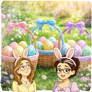 bunnies aurelie and celine in front of baskets full of question-mark eggs