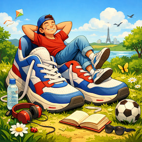 teenage boy chilling on top of giant sneakers