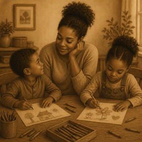 mother drawing at a table with her children
