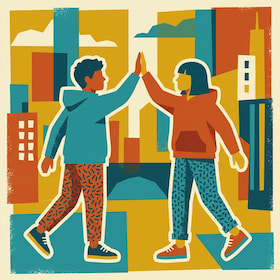 brother and sister high-fiving