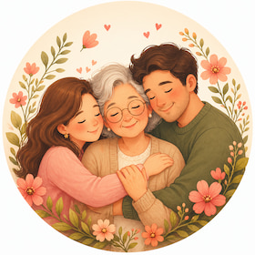 adult children hugging their elderly mother