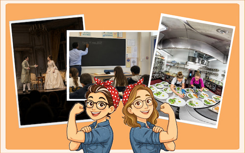 factory-girl avatars aurelie and celine looking at pics of different jobs